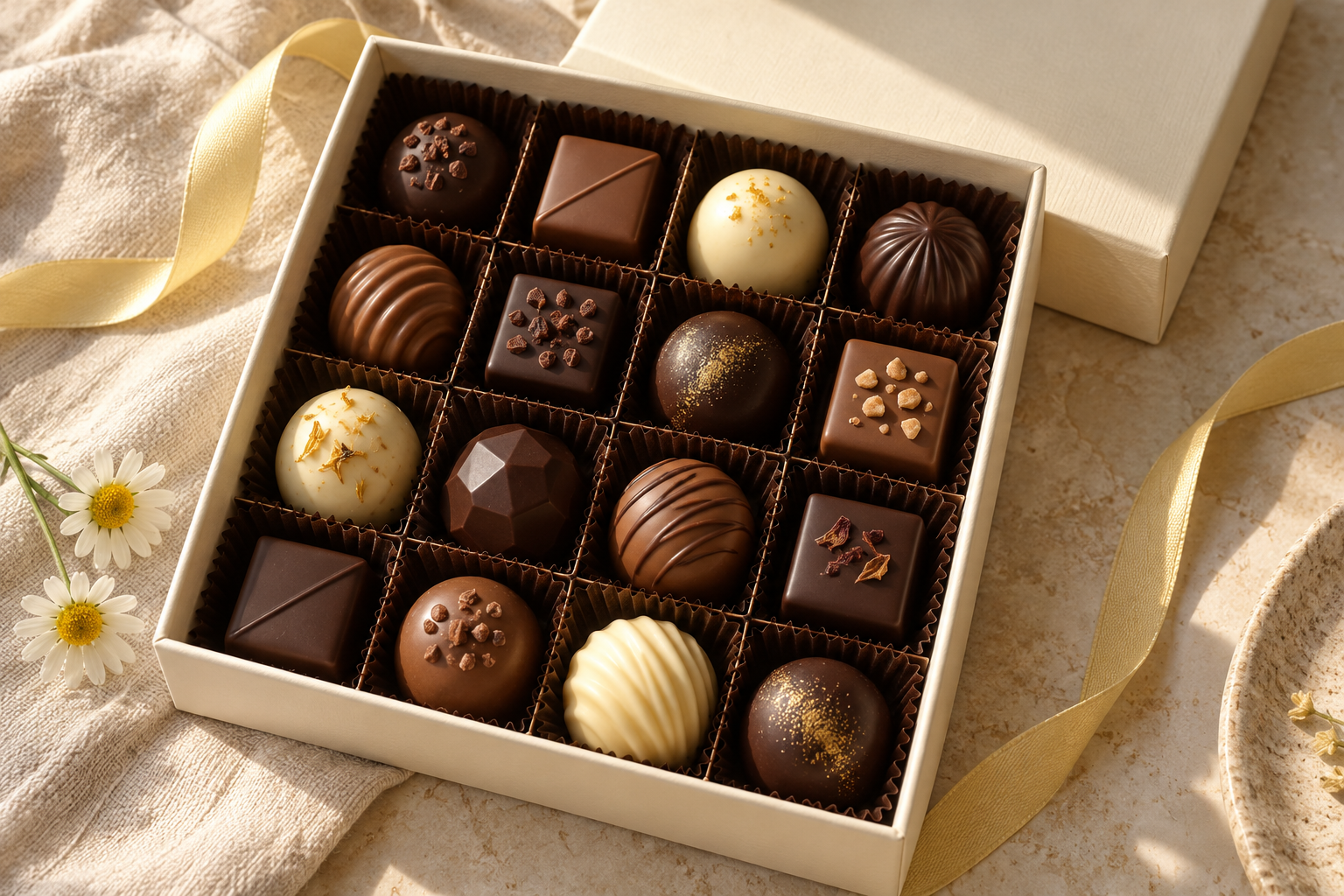 An ivory gift box of assorted chocolates with a golden ribbon and daisies